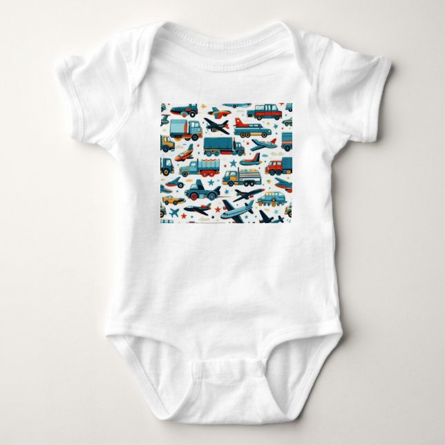 Cartoon cars trucks aeroplane Baby Bodysuit  (Front)
