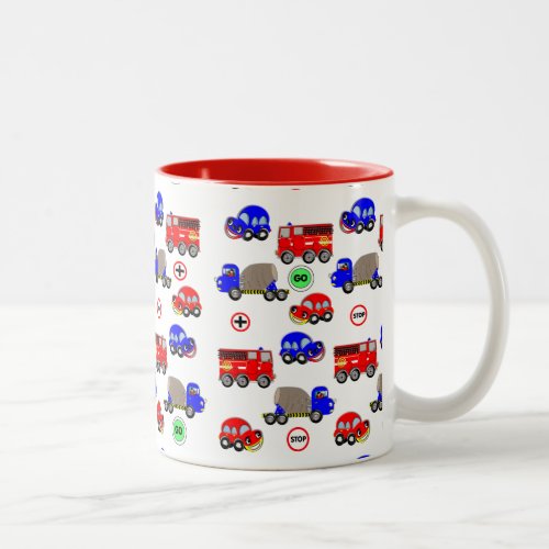 Cartoon Cars Trucks Fire Engines Cute Design Two_Tone Coffee Mug