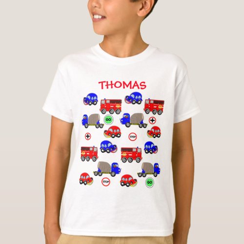 Cartoon Cars Trucks Fire Engines Cute Personalized T_Shirt