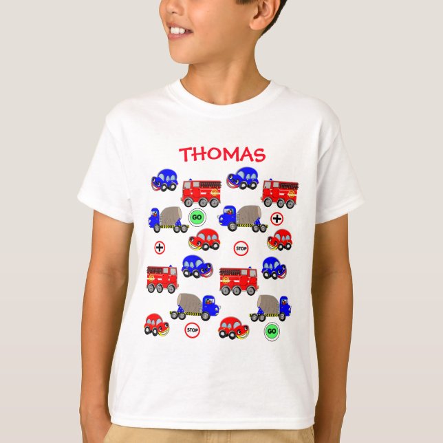 Cartoon Cars Trucks Fire Engines Cute Personalized T-Shirt (Front)