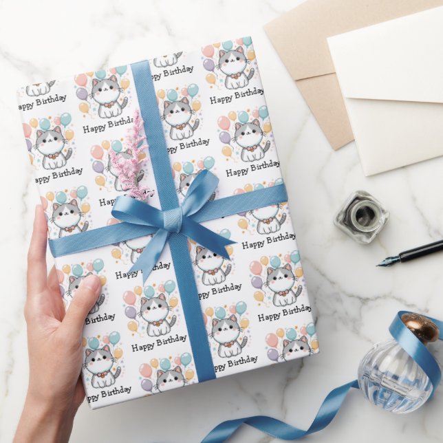 Cartoon Cat And Colorful Happy Birthday Wrapping Paper (Gifting)