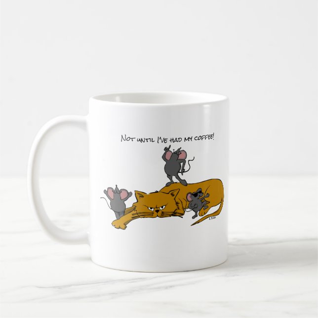 Cartoon Cat and Dancing Mice Coffee Mug (Left)