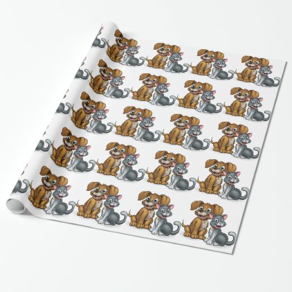 Cartoon Cat and Dog Pets Wrapping Paper