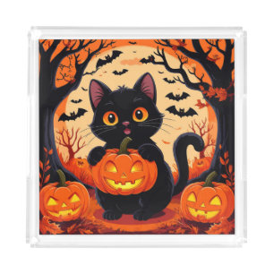 Cartoon Cat and Pumpkins Under Full Moon Acrylic Tray