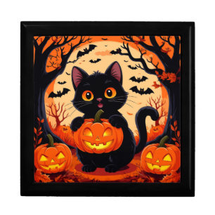 Cartoon Cat and Pumpkins Under Full Moon Gift Box