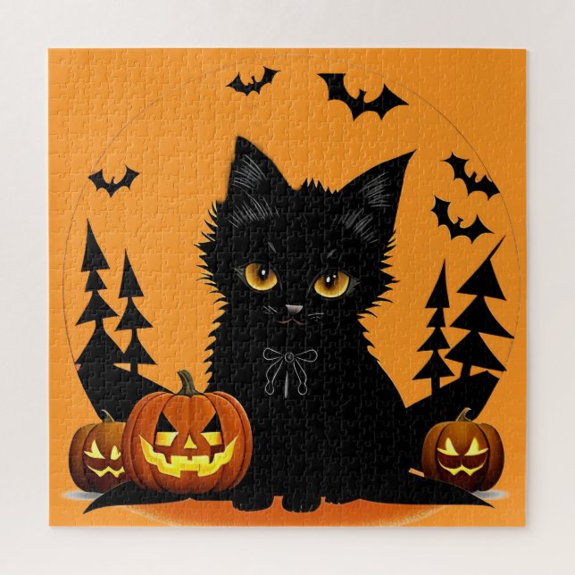 Cartoon Cat and Pumpkins Under Full Moon Jigsaw Puzzle (Vertical)