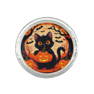Cartoon Cat and Pumpkins Under Full Moon Ring