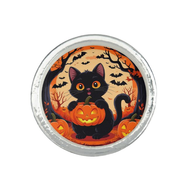 Cartoon Cat and Pumpkins Under Full Moon Ring (Front)