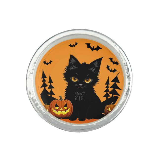 Cartoon Cat and Pumpkins Under Full Moon Ring (Front)
