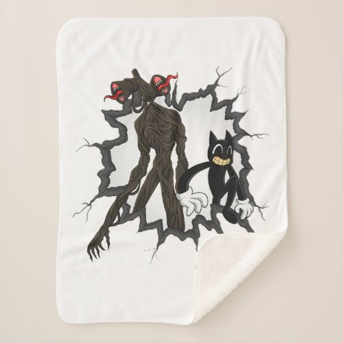 Cartoon Cat and Siren Head Creepy Horror Character Sherpa Blanket