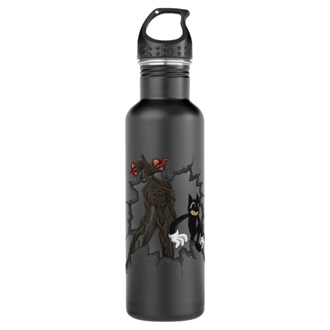 Cartoon Cat and Siren Head Creepy Horror Character Stainless Steel Water Bottle (Front)