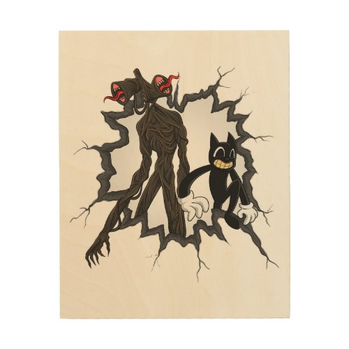 Cartoon Cat and Siren Head Creepy Horror Character Wood Wall Art
