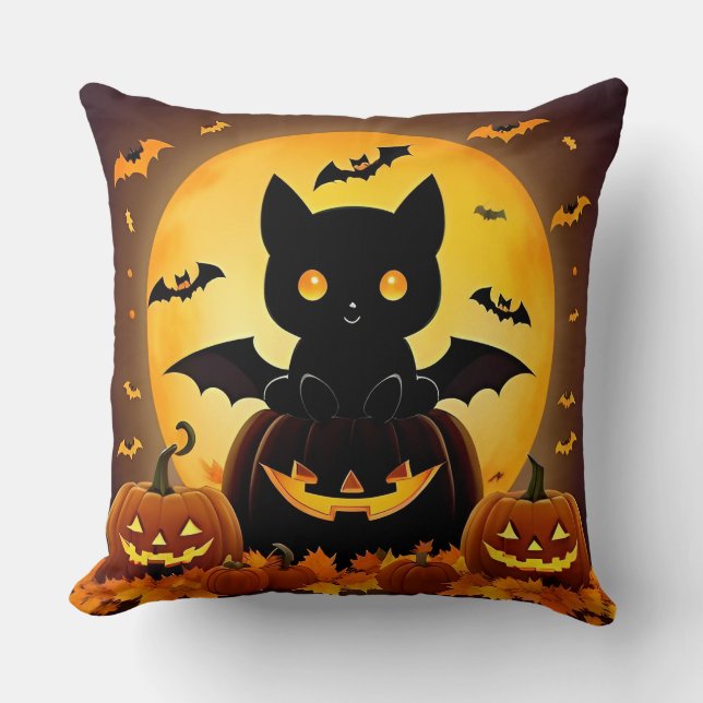 Cartoon Cat Bat and Pumpkins Under Full Moon Throw Pillow (Front)
