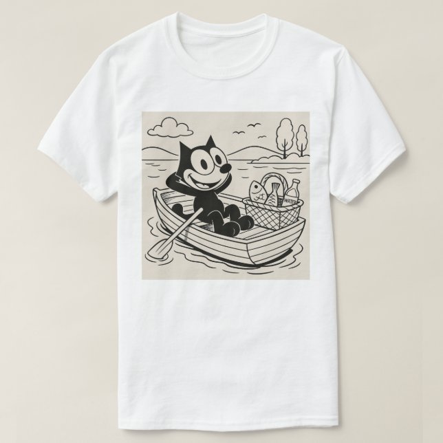 Cartoon Cat Boat Picnicking T-Shirt (Design Front)
