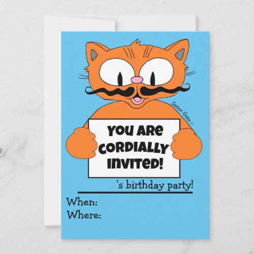 Cartoon Cat Boys Birthday Party Invitation Blue
