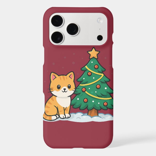 Cartoon Cat by Christmas Tree Snowy Sticker iPhone Case (Back)