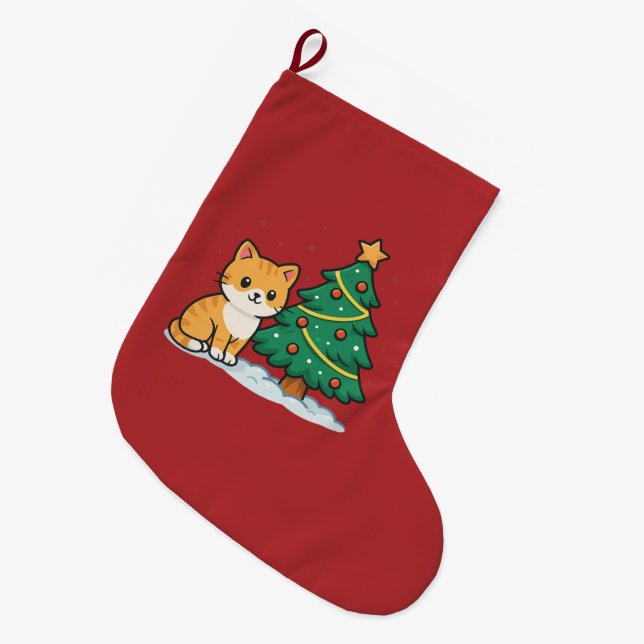 Cartoon Cat by Christmas Tree Snowy Sticker Large Christmas Stocking (Front (Hanging))