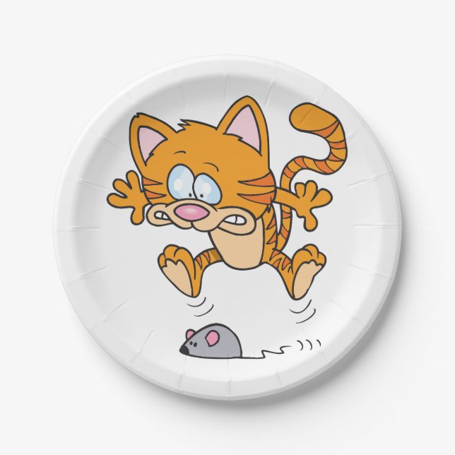 Cartoon Cat Chasing Mouse Funny Cute Animal Paper Plates (Front)