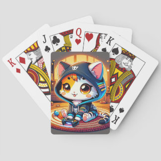 cartoon cat, cozy rug, plants, candle, video games poker cards