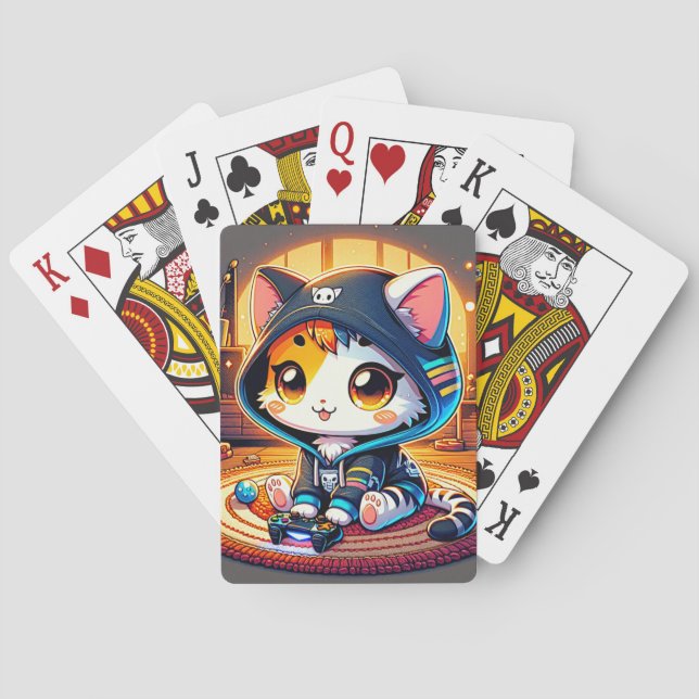 cartoon cat, cozy rug, plants, candle, video games poker cards (Back)