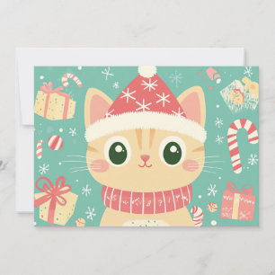 Cartoon Cat Cute Xmas Candy Cane Custom Text Holiday Card