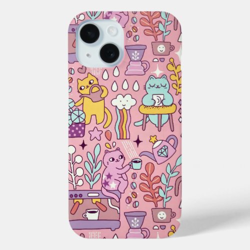 Cartoon Cat Fun On Pink iPhone 15 Case
