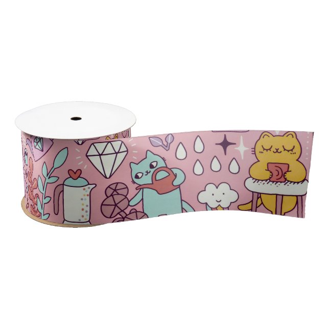 Cartoon Cat Fun On Pink Satin Ribbon (Spool)