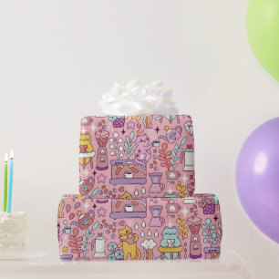 Cartoon Cat Fun On Pink Wrapping Paper