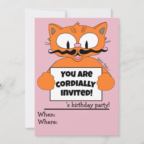 Cartoon Cat Girls Birthday Party Invitation Pink