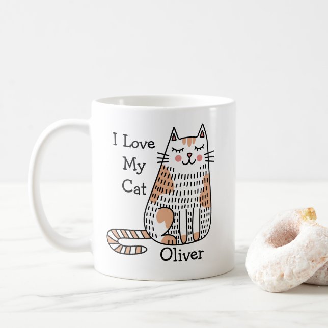 Cartoon Cat in Doodle Art Style Customizable Name  Coffee Mug (With Donut)