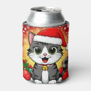 Cartoon Cat in Santa Hat With Christmas Decoration Can Cooler