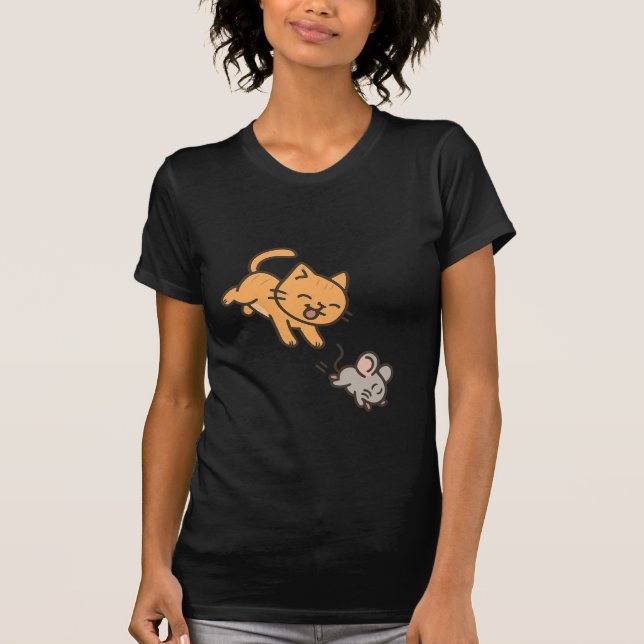 Cartoon Cat & Mouse Play, Fun Animal T-Shirt (Front)