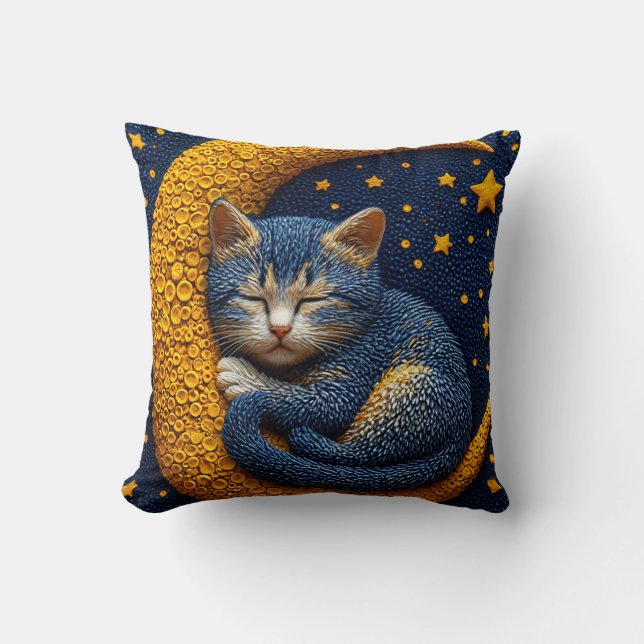 Cartoon cat on the moon throw pillow (Front)