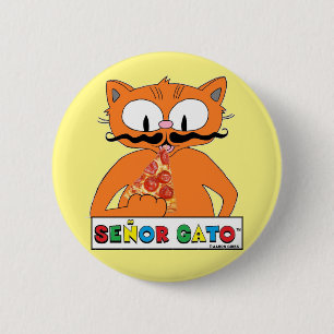 Cartoon Cat Senor Gato Eats Pizza Button