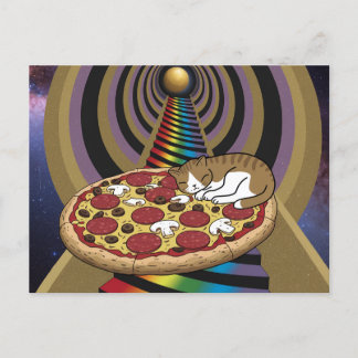 Cartoon Cat Sleeping on a Pizza Postcard
