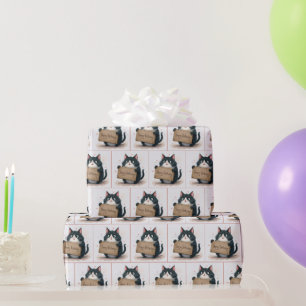 Cartoon Cat With Happy Birthday Sign Wrapping Paper