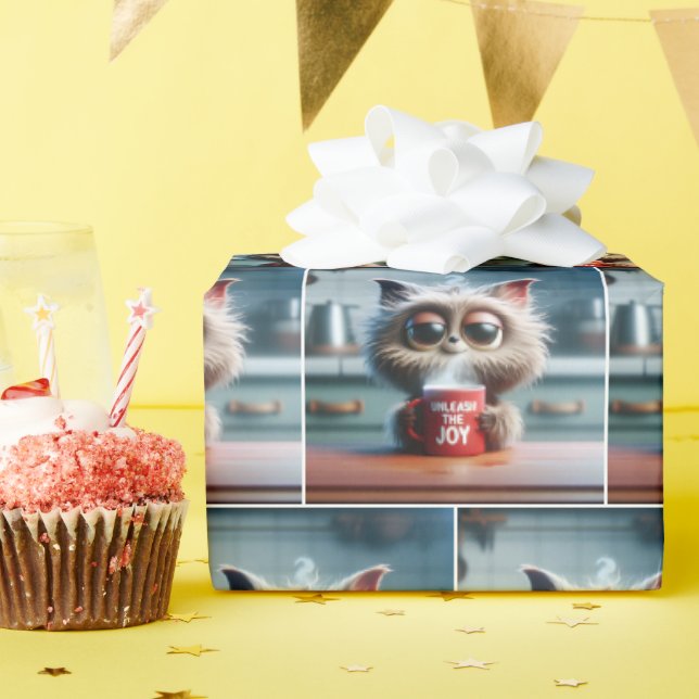 Cartoon Cat With Humorous Text On a Coffee Mug Wrapping Paper (Birthday Party)