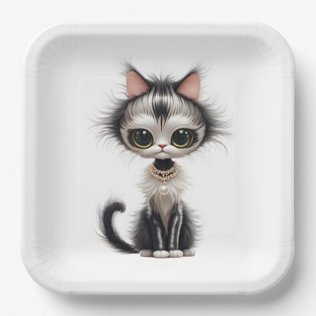 Cartoon Cat With Pearl Necklace  Paper Plates (Front)