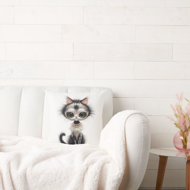 Cartoon Cat With Pearl Necklace  Throw Pillow (Couch)