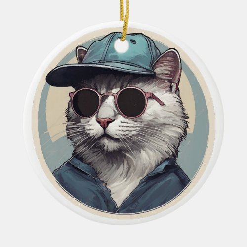 Cartoon Cat with Sunglasses Ceramic Ornament