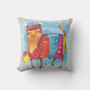 Cartoon cat, wrapped up warm in winter snow scene throw pillow