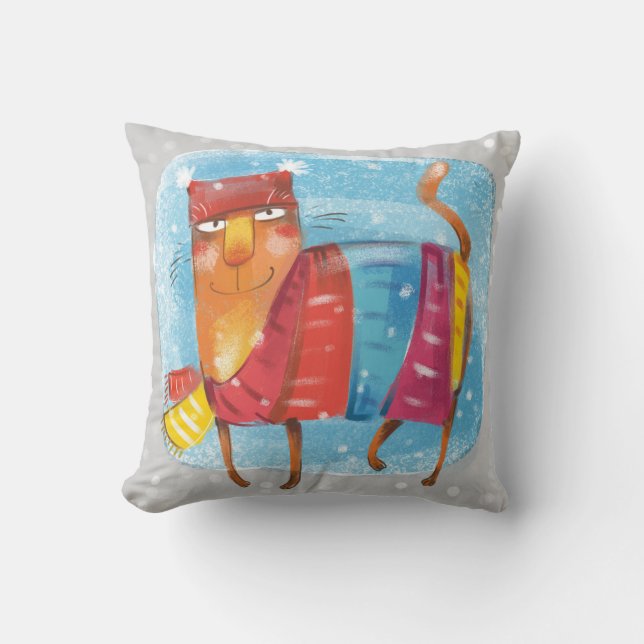 Cartoon cat, wrapped up warm in winter snow scene throw pillow (Front)