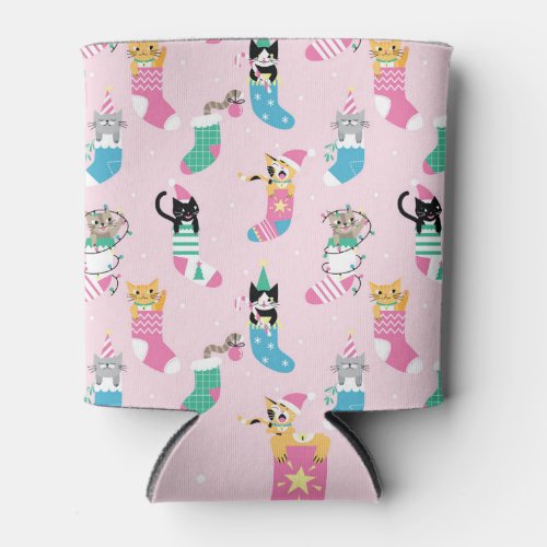 Cartoon Cats Christmas Seamless Pattern Can Cooler