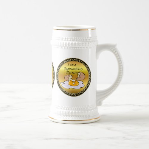 cartoon character fried egg with big smile beer stein