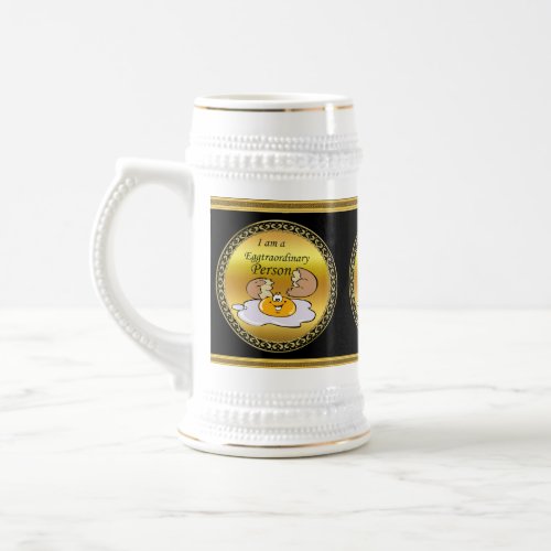 cartoon character fried egg with big smile beer stein
