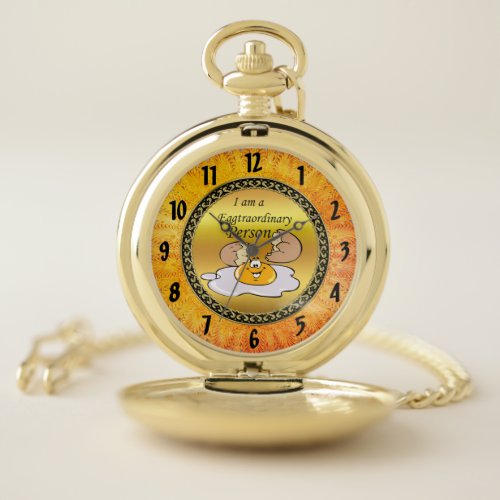 cartoon character fried egg with big smile pocket watch