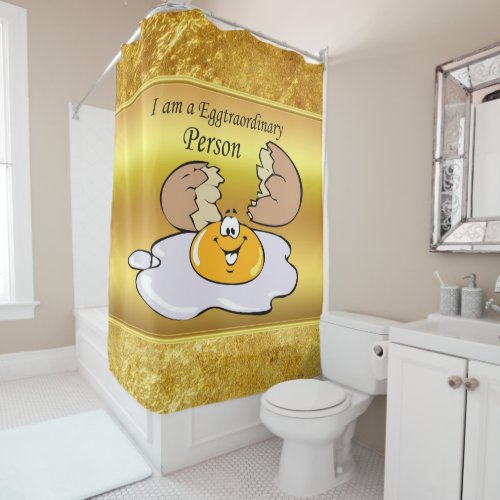 cartoon character fried egg with big smile shower curtain