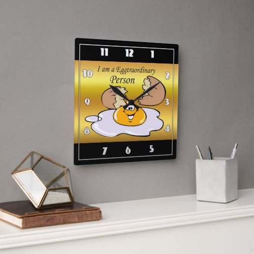 cartoon character fried egg with big smile square wall clock