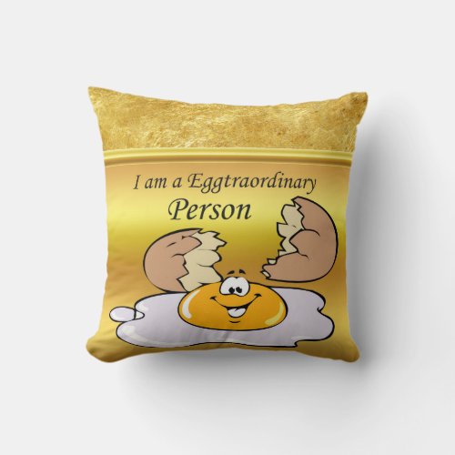cartoon character fried egg with big smile throw pillow