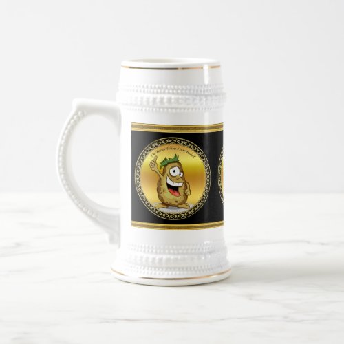 Cartoon character potato with green hair beer stein